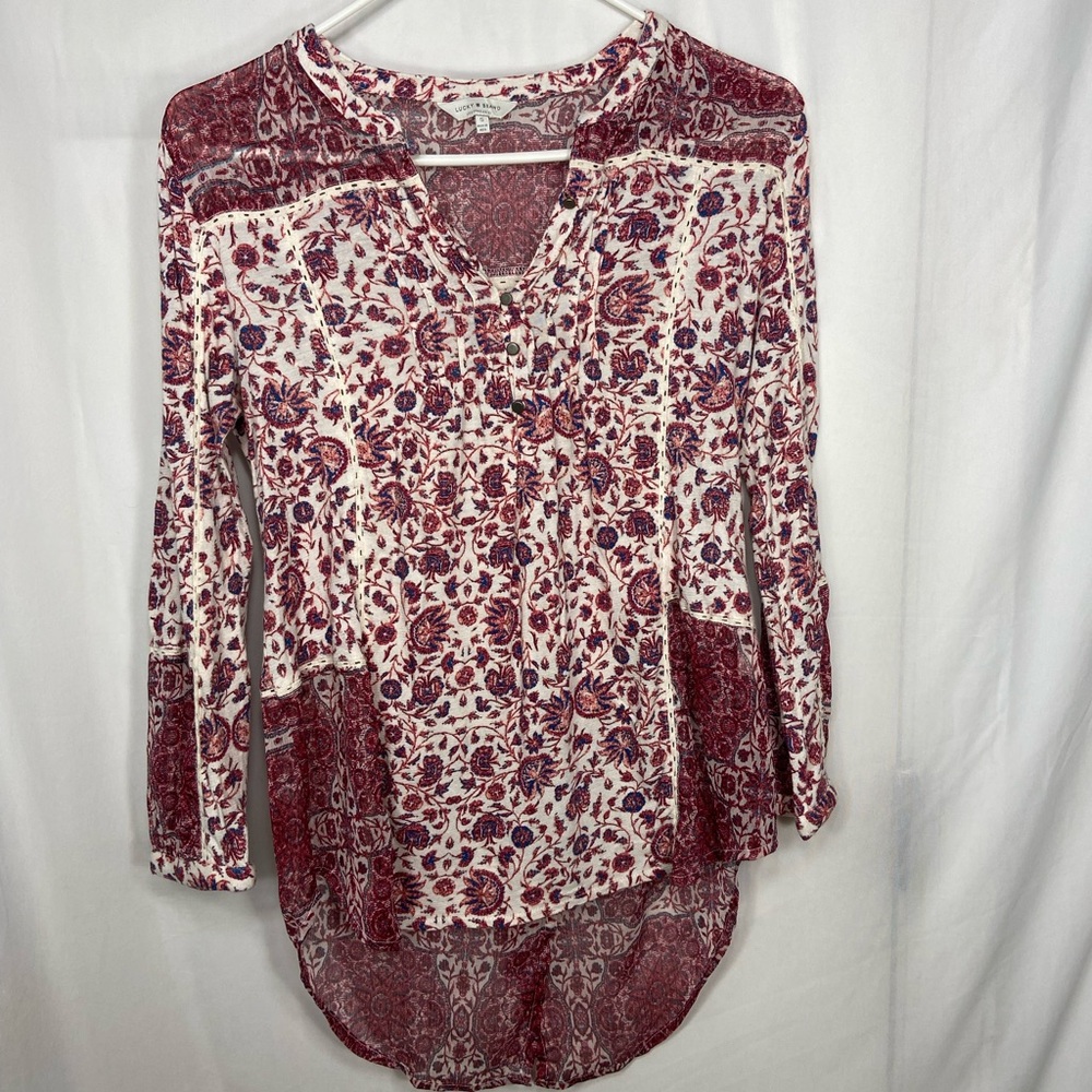 Lucky Brand women’s deep red blue cream sheer button high low blouse 3/4 sleeve